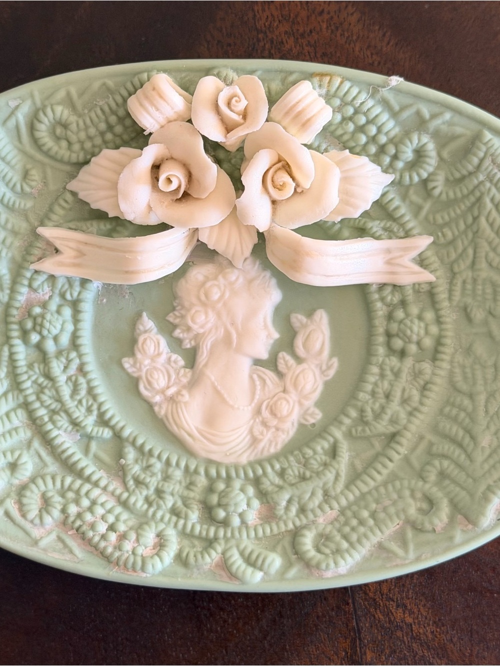 Vintage Mint Green Cameo Trinket Soap Dish with Roses Vanity Decor